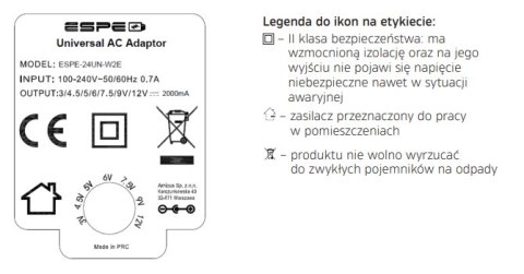 ZASILACZ WTYCZKOWY 3-12V 2A 1m. 3V 4,5V 5V 6V 7,5V 9V 12VDC REGULOWANY ESPE