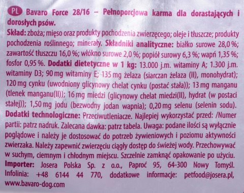 Josera Bavaro Force 28/16 - karma dla psów i szczeniąt aktywnych - 18kg