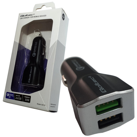 Qoltec Inteligentna Ładowarka samochodowa 12-24V | 30W | 5V | 3A | USB+USB Quick Charge 3.0