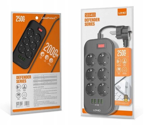 Listwa zasilająca 6 Gniazd + 4x USB Przedłużacz