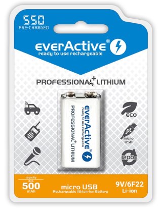 Akumulatorek 6F22/9V everActive Li-ion 550 mAh z gniazdem micro USB