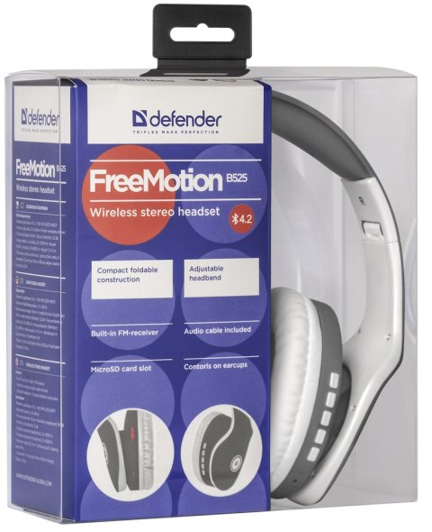 SŁUCHAWKI DEFENDER BLUETOOTH FREEMOTION B525 SZARO-BIAŁE MP3 PLAYER