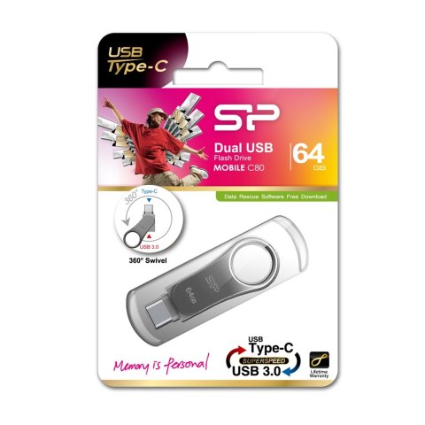 Pendrive Silicon Power Mobile C80 64GB Dual USB 3.1/Type-C Silver (SP064GBUC3C80V1S)