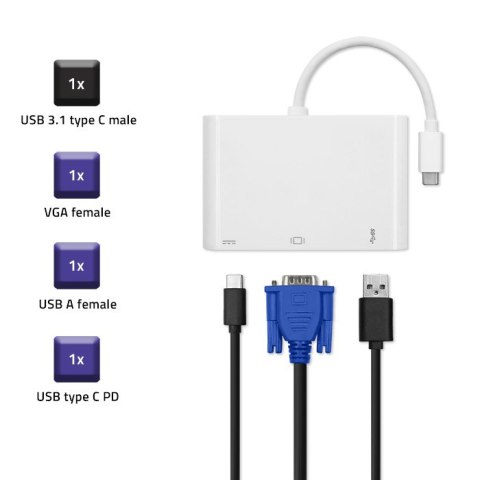 Qoltec Adapter USB 3.1 Typ C męski | VGA żeński + USB 3.0 A żeński + USB 3.1 Typ C żeński PD | 0.19m