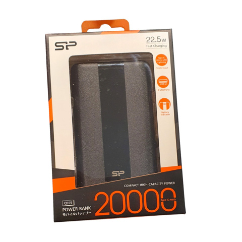 Powerbank Silicon Power QS55 20000mAh LCD QC3.0+PD 1x USB-C, 1x USB-A, 1x mUSB, 1x Lightning, czarny