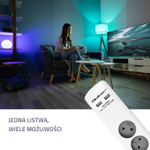 Qoltec Listwa antyprzepięciowa | 6 gniazd | 2 x USB | 1.8 m | Biało- szara