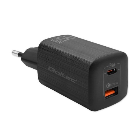 Ładowarka sieciowa Qoltec 65W GaN ULTRA | 5-20V | 2.25-3.25A | 1 x USB typ C PD | 1 x USB | Czarna