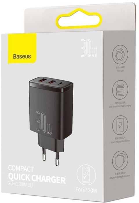 ŁADOWARKA SIECIOWA Baseus Compact Quick Charger CCXJ-E01 30W 2x USB-A 1x USB-C PD 3.0 QC 3.0 CZARNA