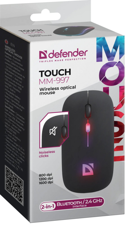 MYSZ DEFENDER TOUCH MM-997 RF+BT SILENT RGB AKU CZARNA