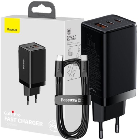 ŁADOWARKA SIECIOWA Baseus GaN 3 Pro Desktop Charger CCGP050101 65W 1x USB-A 2x USB-C PD 3.0 QC 4.0+ kabel