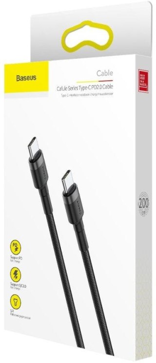 KABEL USB-C -> USB-C Baseus Cafule CATKLF-HG1 200cm 60W 3A PD 2.0 QC 3.0 CZARNO-SZARY W OPLOCIE