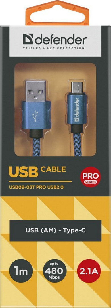 KABEL DEFENDER USB AM-TYPE C 1,0m 2.1A NIEBIESKI