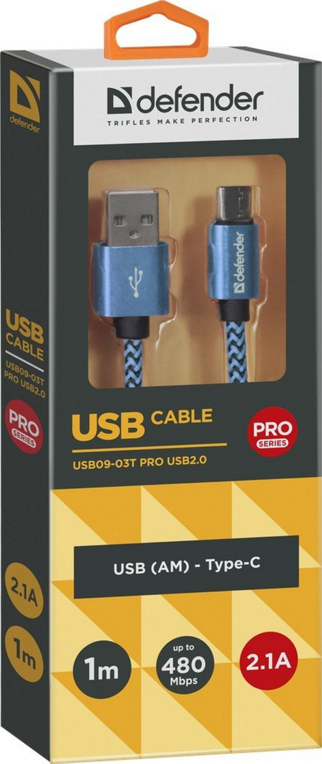 KABEL DEFENDER USB AM-TYPE C 1,0m 2.1A NIEBIESKI