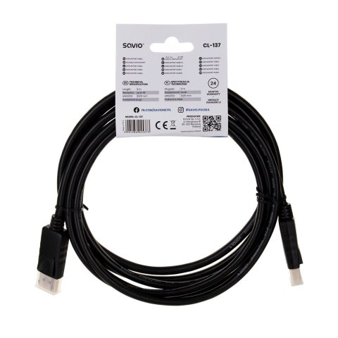 Kabel SAVIO CL-137 (DisplayPort M - DisplayPort M; 3m; kolor czarny)