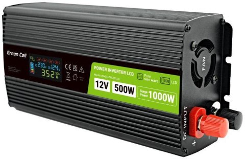 PRZETWORNICA NAPIĘCIA Green Cell PowerInverter LCD 12V -> 230V 500W/1000W CZYSTA SINUSOIDA