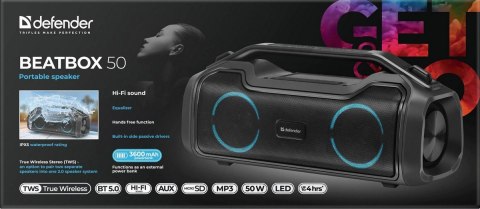 GŁOŚNIK DEFENDER BEATBOX 50 BLUETOOTH 50W BT/RGB/TF/TypeC/IPX5/PWB