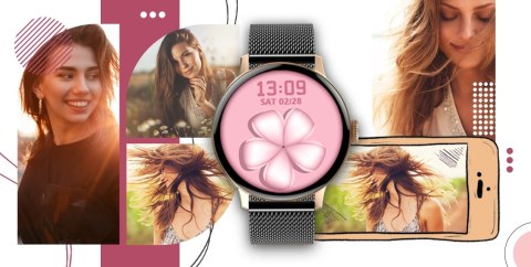 Smartwatch Damski Giewont GW330-4 Różowe Złoto-Róż Pudrowy Pasek Silikonowy + Czarna Bransoleta