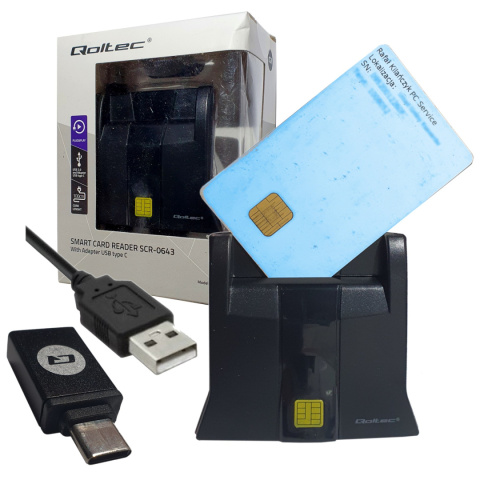 Qoltec Inteligentny czytnik chipowych kart ID SCR-0643 | USB 2.0 + Adapter USB typ C