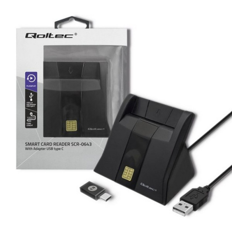 Qoltec Inteligentny czytnik chipowych kart ID SCR-0643 | USB 2.0 + Adapter USB typ C