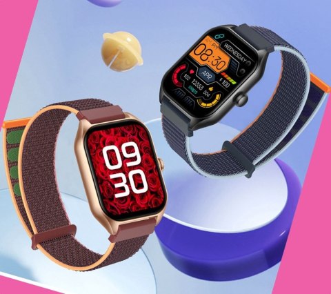 Smartwatch Rubicon RNCF03-2 Złoty+ Bordowo-Pomarańczowy Pasek Parciany