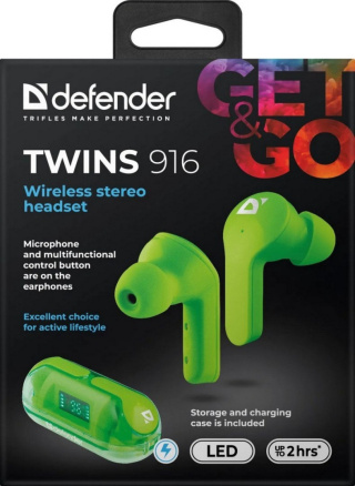 SŁUCHAWKI DOUSZNE DEFENDER BLUETOOTH TWINS 916 ZIELONE